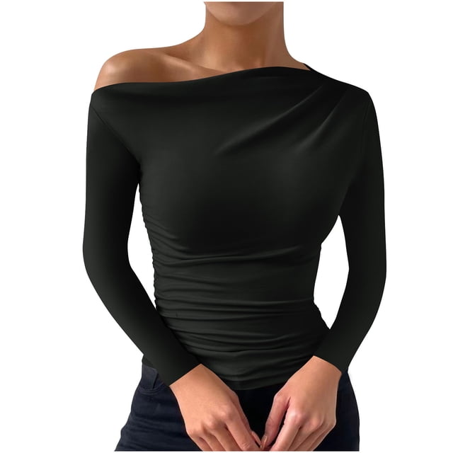 Yuyuzo Going out Tops for Women Fall Cold Shoulder Long Sleeve Slim Fitted Solid Color Tee Shirts