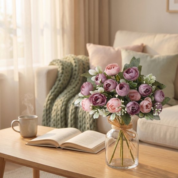 Realistic Silk Rose Bouquet 15.7 in Artificial Flowers for Home Decor Wedding Centerpiece Mom's Day Gift