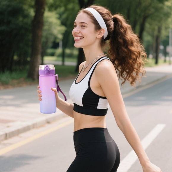 CaiYueKe Gradient Color Water Bottle 600ml Portable Plastic Sports Cup with Tea Infuser Straw One Hand Open Lid Leakproof Travel Mug for Gym School Office Outdoor Running Cycling