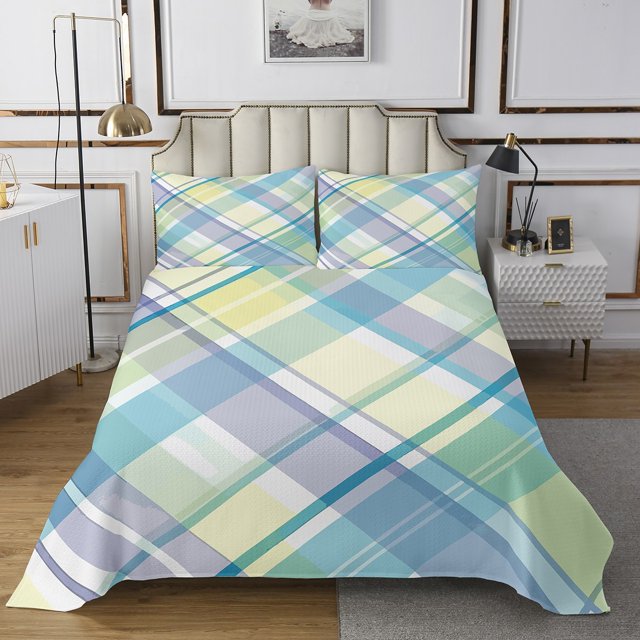 Erosebridal Blue Purple Green Aesthetic Coverlet Set Queen, Grid Checkered Bedding Set 3 Pieces