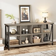 8 Cube Storage Organizer Bookcases, 3 Tier Metal Horizontal Bookcase, 62 Inch Industrial Storage Bookcase for Entryway, Long Low Bookshelf for Living Room-Gray