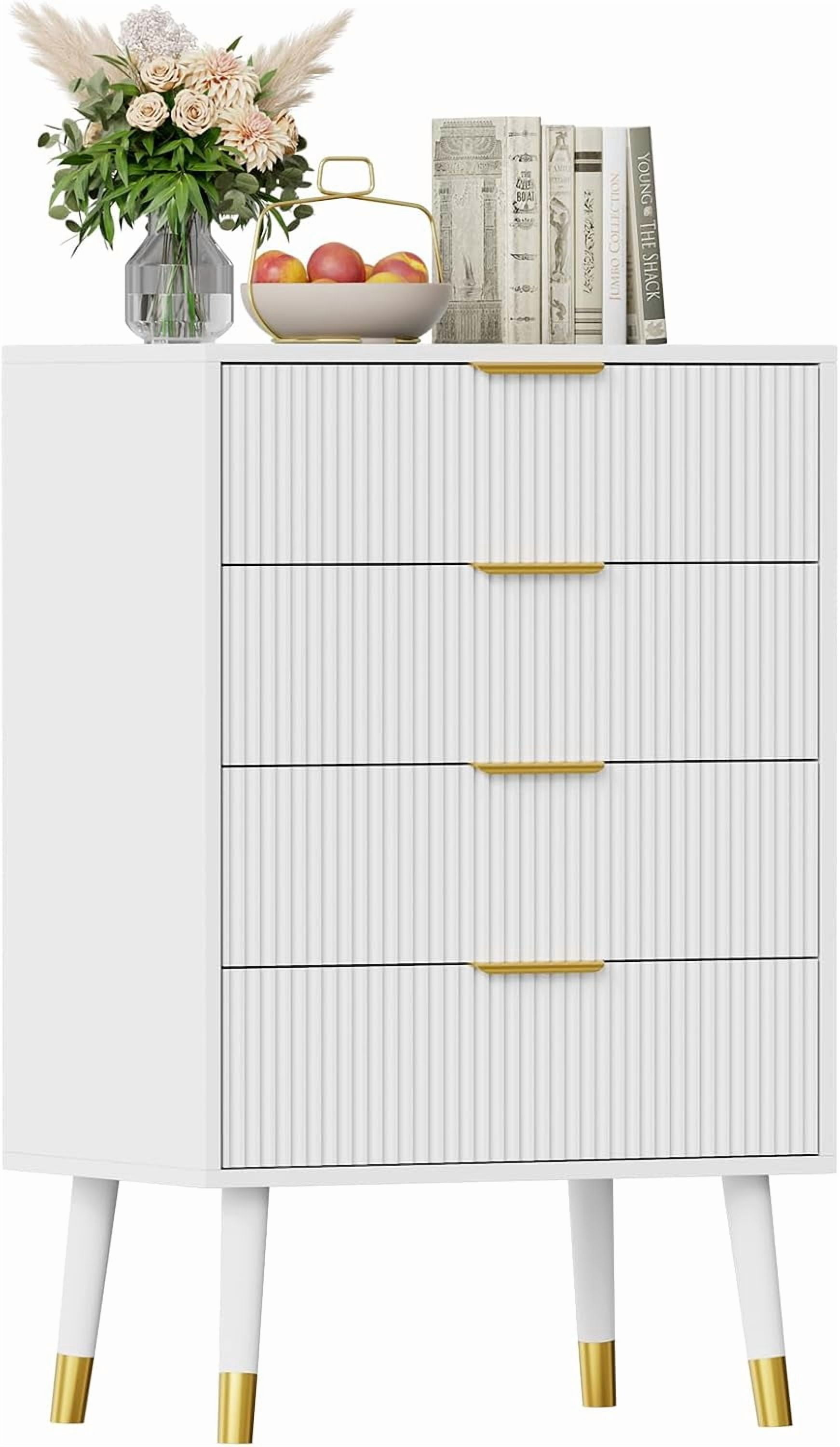 4 Drawer Dresser for Bedroom, Modern Closet Dressers Chest of Drawers, Wood Storage Dresser Chest Cabinet Organizer Unit, Small Fluted Nightstands for Bedroom, White