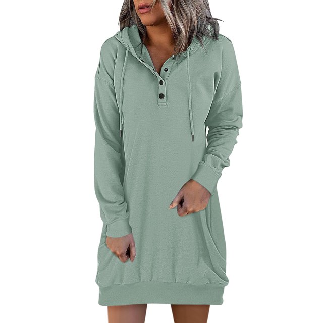 Womens Casual Hoodies Dress Fall Long Sleeve Sweatshirt Button Down Drawstring Pullover Top Lightweight Dress