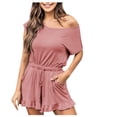 thumbnail image 2 of LOVZFMLL Women Ladies Solid Summer Short Sleeve Round-Neck Bandage Pocket Short Jumpsuit Red M, 2 of 9