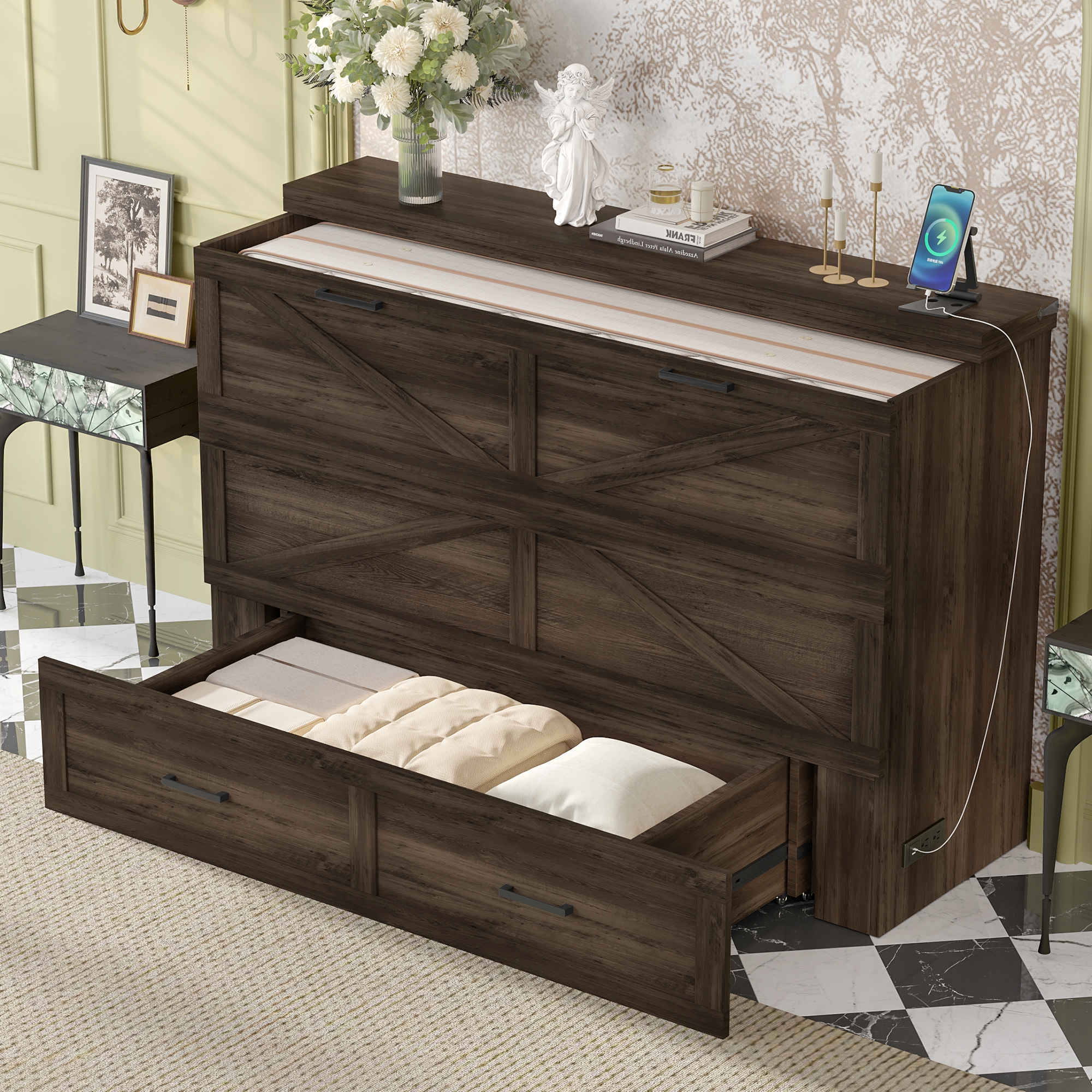 Lit escamotable Noble House, de style ferme, gris, 3 places, avec station de recharge