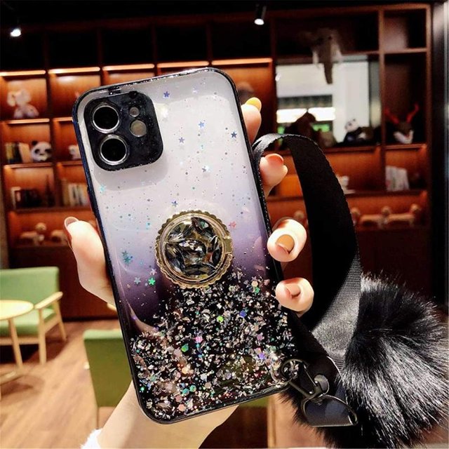 Étui avec Support et Anneau Pailleté Compatible avec Bling Sparkle Diamond Strass Support et Sangle de Poignet en Fourrure pour Filles Femmes (iPhone 12mini)