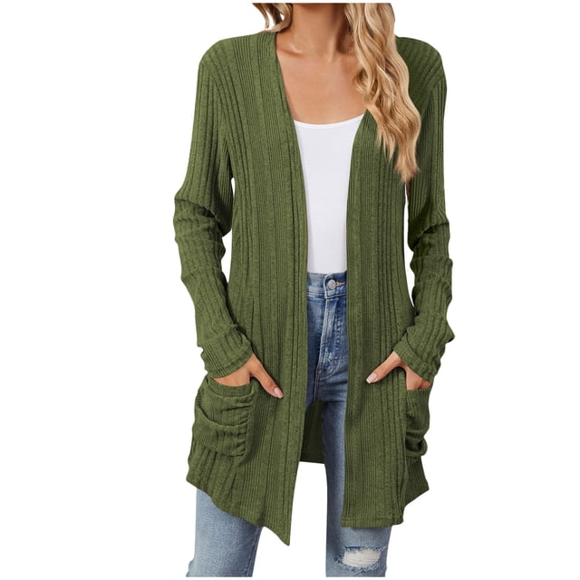 cfhntfmh Womens Casual Cardigan Ribbed Knit Open Front Long Cardigans Lounge Long Sleeve Sweater Outwear with Pockets. The cardigan is displayed in a ribbed knit olive green fabric with an open front, long sleeves, and two front pockets. It is paired with a white tank top and light blue distressed jeans, ideal for casual or layered looks across seasons.
