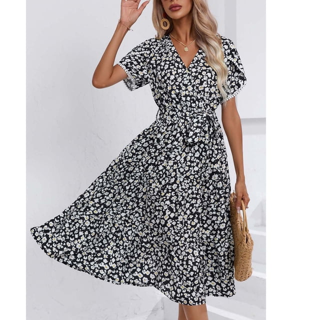 Xuniizn Robe pour Femmes à Col en V, Manches Courtes, Coupe Ajustée à la Taille, Robe Midi Mode Confortable à Imprimé Floral, Robe d'Été Décontractée, P-2TG