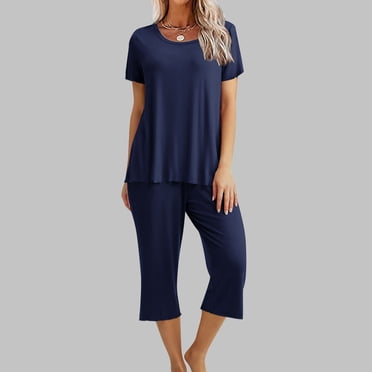 Fankiway Women'S Solid Color Round Neck Short Sleeve Sleepshirt and Pants Sets Loungewear Pajamas with Pockets Womens Set Summer Outfits Summer Outfits for Women 3158 Piece