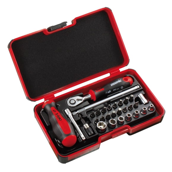 Felo Smart II Set with 2 Components Handle: Screwdriver and T-Handle in one. 29 Pieces in Strong Box