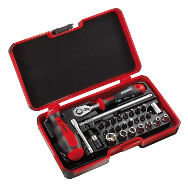 Felo Smart II Set with 2 Components Handle combining screwdriver and T-handle functions, 29-piece hand tool set in a red and black StrongBox. Includes an Ergonic ratchet handle, assorted screwdriver bits, socket adapters, and extensions organized for home improvement use.