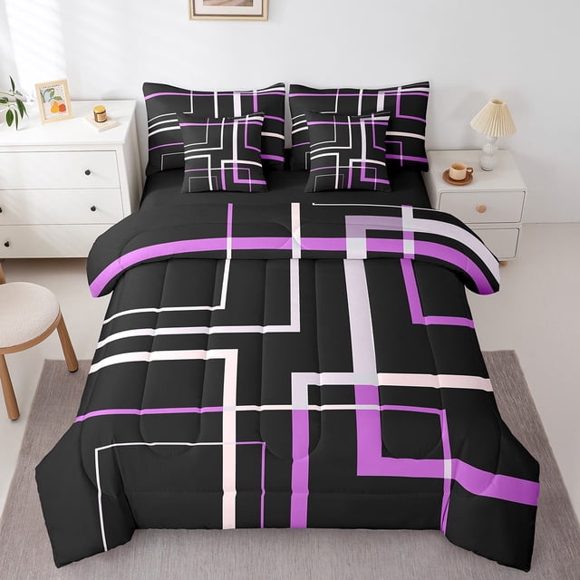 Abstract Geometry King Comforter Set 7-Piece Rectangle Square Bedding Comforter Sets, Black and Purple Bed in a Bag Modern Mid Century Bedding Set, Aesthetic Bed Sheets Set Kids Teens Room Decor