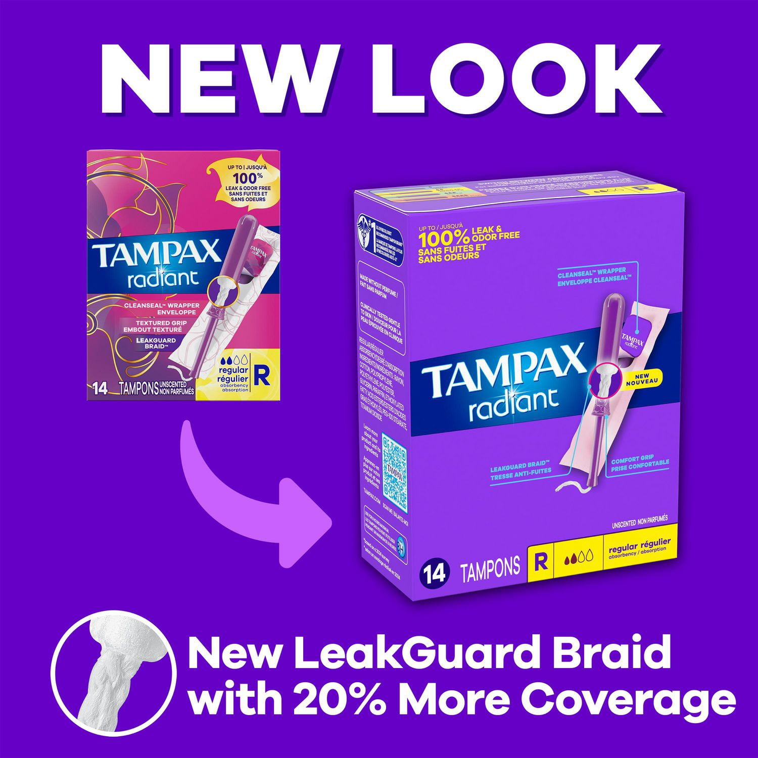 Tampons Tampax Radiant, avec tresse anti-fuites LeakGuard, degrés d’absorption régulier/super, emballage multiple, marque de tampon n° 1, non parfumés, 52 tampons