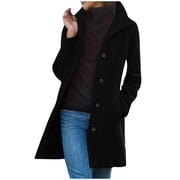 aohooy Womens Long Pea Coat Winter Long Pea Coats Wool Blend Stand Collar Single Breasted Jackets Casual Peacoat Overcoats Black,S