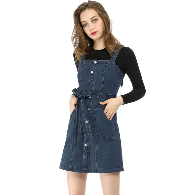 INSPIRE CHIC Robe Salopette en Denim Classique pour Femmes à Bretelles Ajustables, Coupe Trapèze