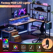 GUNAITO 71 inch Computer Desk L Shaped Gaming Desk with LED Light & Power Outlet Office Desk with File Drawers Cabinet,3-Tier Shelf,Storage Bag for Home Office,Brown