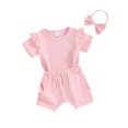 thumbnail image 1 of Honganda 0-3Y Toddler Girls Summer Shorts Sets Short Sleeve Ruffle Tops Shorts Headband Sets, 1 of 9