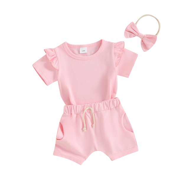 Honganda 0-3Y Toddler Girls Summer Shorts Sets Short Sleeve Ruffle Tops Shorts Headband Sets