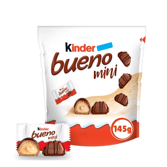 KINDER BUENO Mni barres de gaufrettes croustillantes enrobées de chocolat au lait, avec de la crème aux noisettes, 27 mini-barres de gaufrettes emballées individuellement par paquet, 145 g