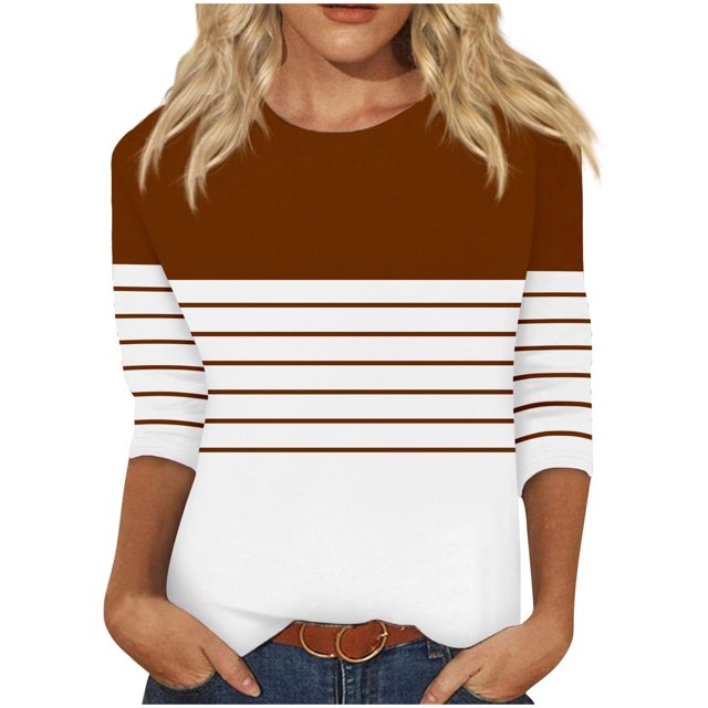 Débardeurs Tuniques pour Femmes Manches 3/4 Hauts pour Femmes Col Ras du Cou Décontractés Tendance Chandails à Enfiler Blouses Mode d'Automne T-Shirts Rayés Tuniques Basiques S-9 Brun TTG