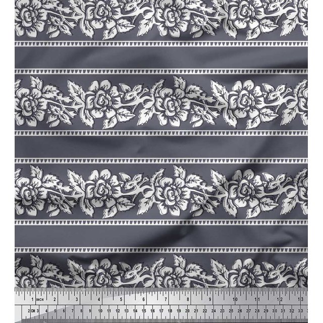 Soimoi Satin Silk Fabric Leaves & Floral Block Print Sewing Fabric Yard 42 Inch Wide