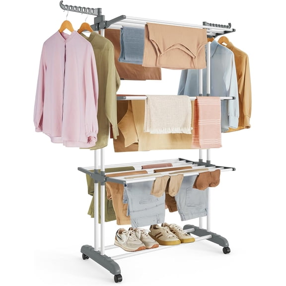 SONGMICS Clothes Drying Rack Stand 4-Tier, Laundry Drying Rack, Rolling Clothes Horses Dryer Rack, White