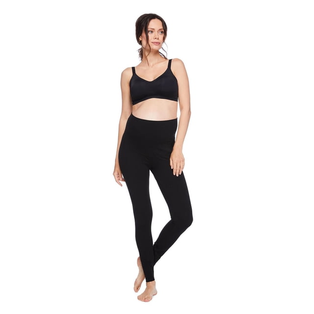 Paisley Sky Legging de Maternité Noir Montré sur un Modèle Vu à l'Avant. Ces leggings Ajustés Comprennent un Panneau Ventral Extensible et une Taille Élastiquée Fabriquée en Tricot jersey Doux avec 92 % Coton et 8 % Élasthanne pour le Confort pendant la Grossesse. Convient aux Tenues de Maternité Décontractées.