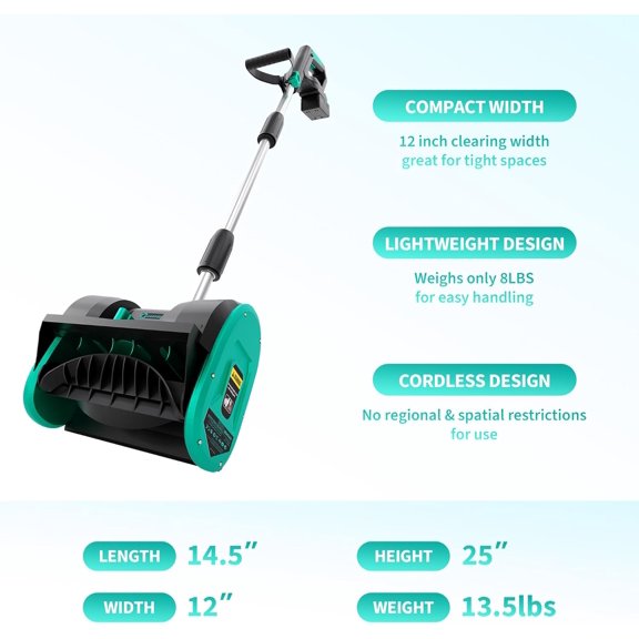 Royalbelle Black + Lake Blue 12Inch Electric Snow Blower, Cordless Battery Powered