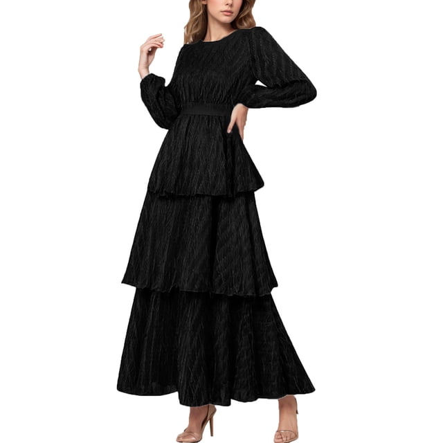 cfhntfmh Robes d'Invitée de Mariage pour Femmes Élégantes à Manches Longues Col Ras du Cou Robe d'Automne Ourlet à Volants Superposés Robe Maxi Fluide
