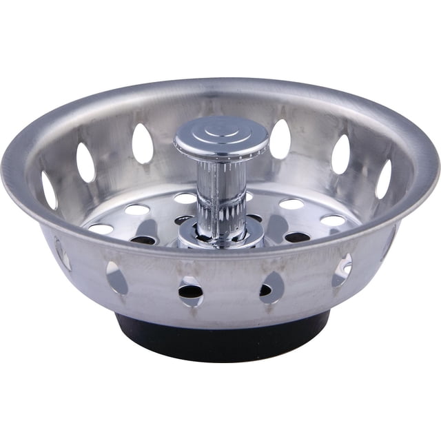 Peerless All Metal Deluxe Sink Strainer With Stopper, a chrome round sink strainer with oval perforations on the sides and circular holes on the base, featuring an adjustable post stopper and black rubber bottom, designed to fit most kitchen sink drains and catch debris while allowing water flow.