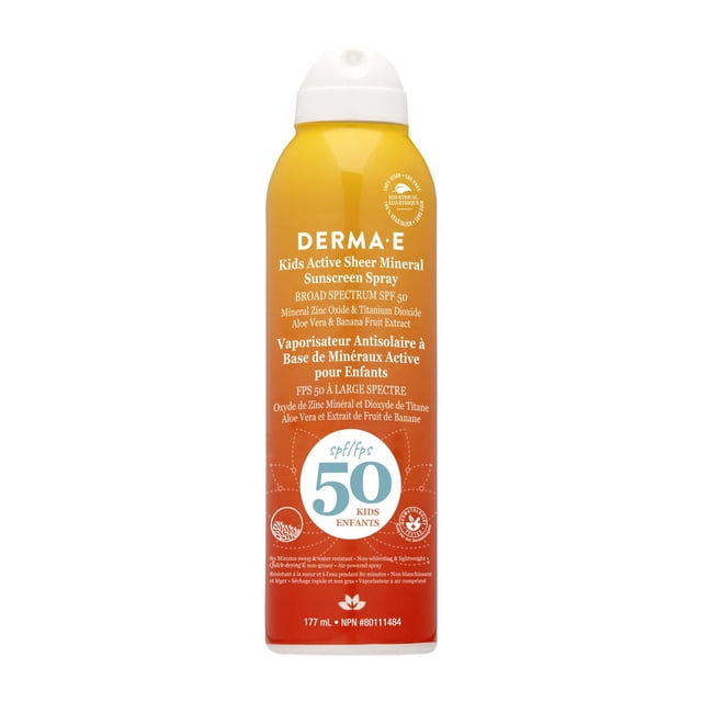 Kids Active Sheer Mineral Sunscreen Spray SPF 50 by DERMA E in a 177 ml orange-to-yellow gradient aerosol can with white spray nozzle, featuring broad spectrum UVA/UVB protection with mineral zinc oxide, titanium dioxide, aloe vera, and banana fruit extract for water-resistant sun care suitable for active kids.