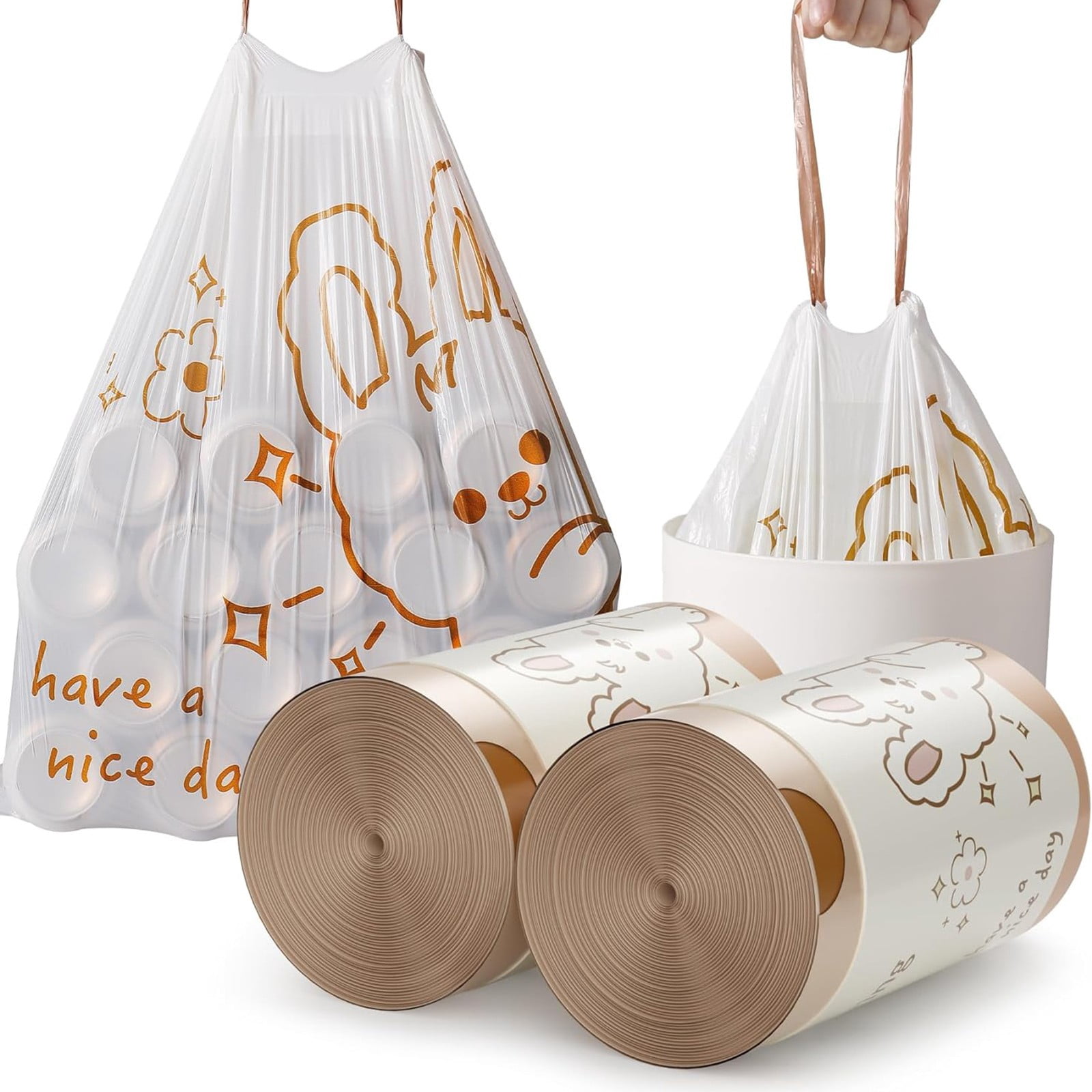 Harpily Trash Bags Small Trash Bags Drawstring ，small Bathroom Garbage Bags， 60 Counts Trash Can Liners For Bathroom Kitchen ，White Rabbit Print 2 Gallon Small Trash Can Liners