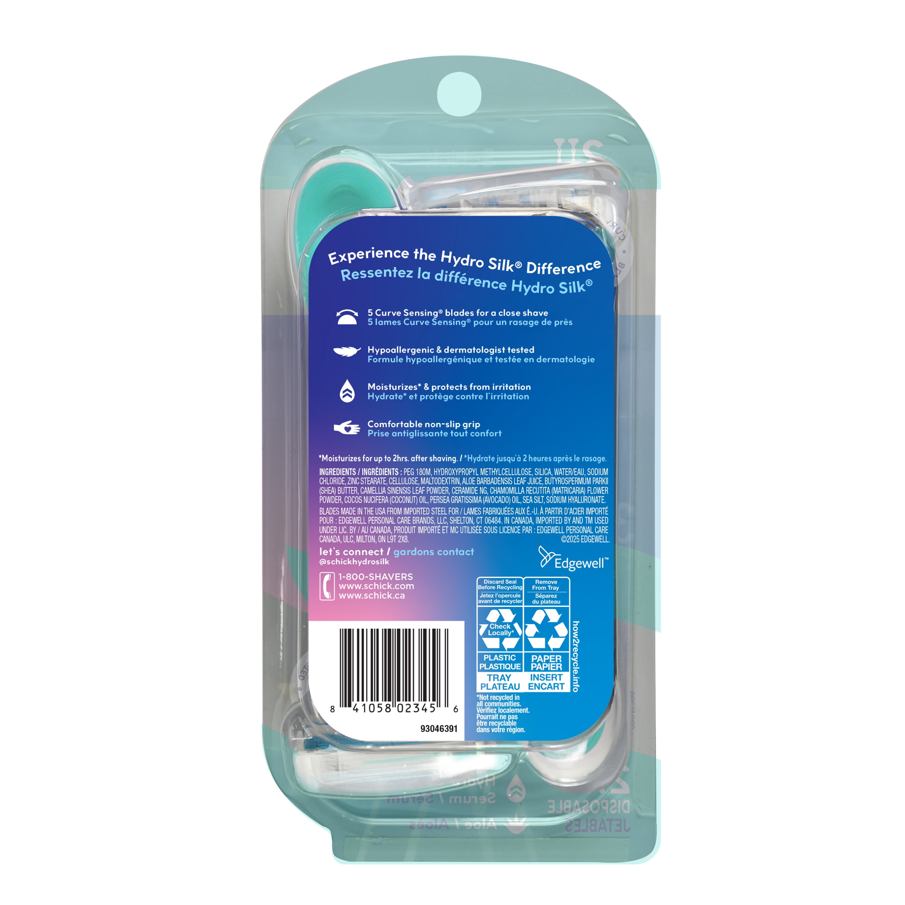 Rasoirs jetables à 5 lames Schick Hydro Silk pour peau ultra-sensible, emballage de 2 rasoirs pour femmes
