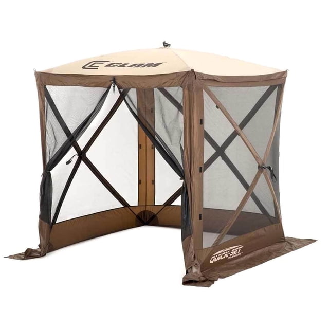 CLAM Quick-Set Traveler 6 x 6 Foot Portable 4 Sided Canopy Shelter in brown, designed for outdoor shade and protection. Made with durable 210 denier Poly-Oxford fabric, it features no-see-um mesh screens, a water-resistant taped roof panel, and accommodates up to 4 people. Includes 5 stakes, 3 tie-down ropes, and an oversized carry bag. Ideal for camping, picnics, and sporting events, this gazebo sets up in 45 seconds without assembly.