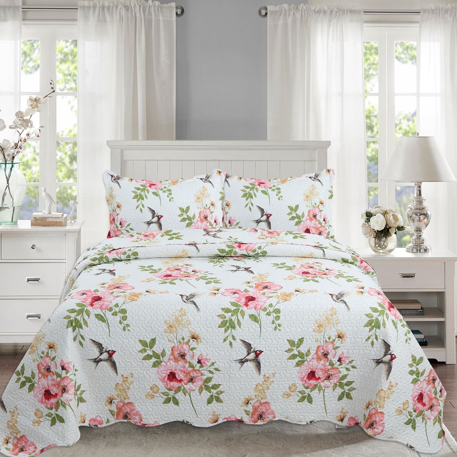 Marina Decoration Couvre-lit Pinsonic imprimé en relief, ensemble de couette d'été ultra doux avec taies d'oreiller, motif floral rose et oiseaux