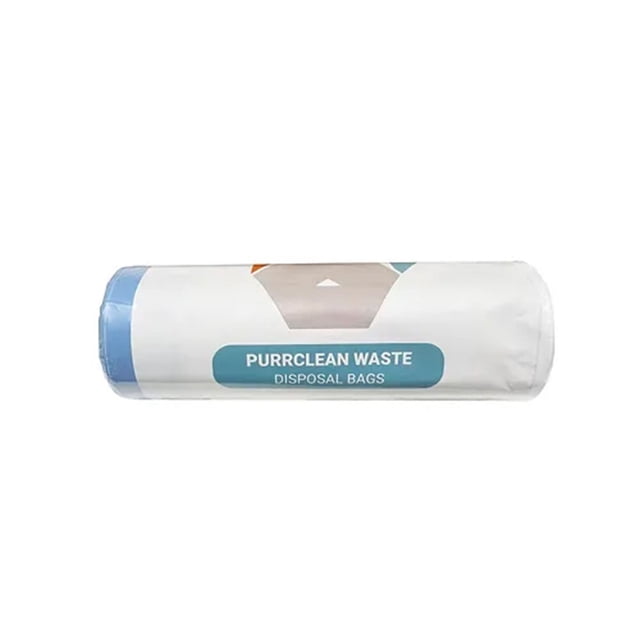 INSTACHEW PURRCLEAN Waste Rouleau de Sacs avec Emballage Blanc et Étiquette Bleue Lisant « PURRCLEAN Waste DISPOSAL BAGS », Conçu pour l'Élimination Hygiénique des Déchets de Litière pour Chat et la Gestion des Déchets pour Chien, Illustré sur un Fond Blanc.