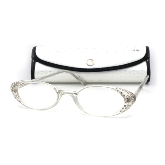 Womens Rhinestone Studded Oval Cat Eye Reading Glasses with Hard Case Clear +2.0