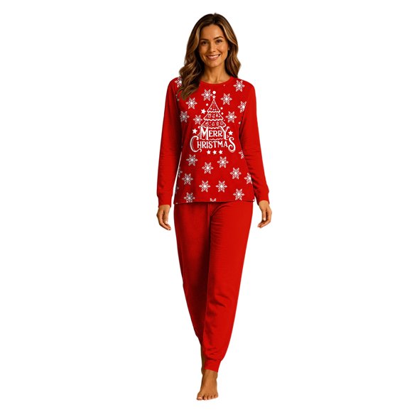 TopLLC Two Piece Lounge Sets Fashion Outfits Fashion Christmas Woman Mom Print Blouse Round Neck Long Sleeve Tops+Pants Family Clothes Pajamas Women Polyester Blouse Pants