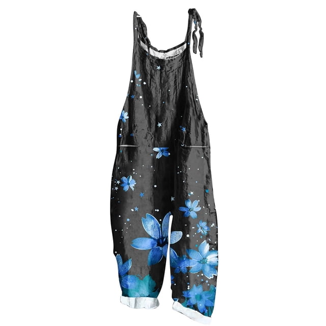 yoeyez Rompers for Women Summer,Ladies Print Summer Plus Size Long Jumpsuits Sleeveless Adjustable Straps Backless Overalls Jumpsuits With Pockets Blue,XXL