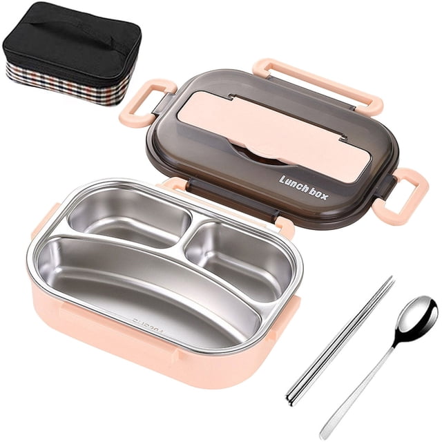 Ycandiee Stainless Steel Bento Boxt, a reusable stainless steel lunch box for hot food with durable plastic and soft rubber cover. The image features a pink lunch box with three compartments, a dark translucent lid labeled 'Lunch box,' and included utensils (spoon and chopsticks). Accompanied by a black plaid-patterned insulation bag, ideal for adults and suitable for office, camping, or travel.
