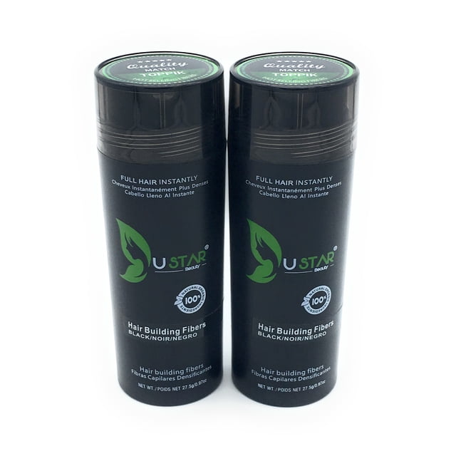 Lot de 2 - Ustar Fibres de Construction Capillaire Noir.97oz, Comprenant Deux Contenants Noirs avec Marque Vert et Blanc, Conçus pour Améliorer Instantanément l'Apparence des Cheveux Clairsemés à l'Aide de Fibres de Kératine Naturelles. Idéal pour Couvrir les Racines Grises et Rehausser la Densité des Cheveux, Chaque Contenant Est Étiqueté avec les Détails du Produit et un Poids net de 27.5g (.97oz).