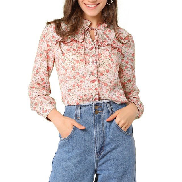 INSPIRE CHIC Women's Floral Tie Ruffle Neck Blouse Button Down Long Sleeves Top