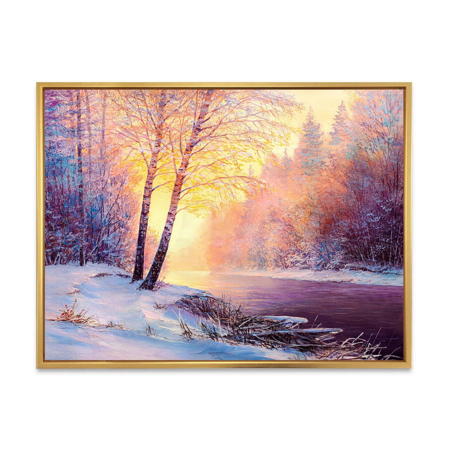 Designart Paysage d'hiver avec pont de la rivière sinueuse II ART MURAL À CADRE FLOTTÉ