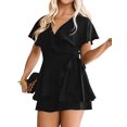 thumbnail image 1 of Women Cross V Neck Cutout Back Waistbelt Ruffled Short Sleeve Romper, 1 of 4