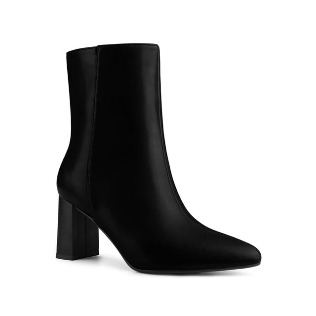 BLISSFUL STEP Women's Side Zip Pointed Toe Block Heels Ankle Boots Black 6