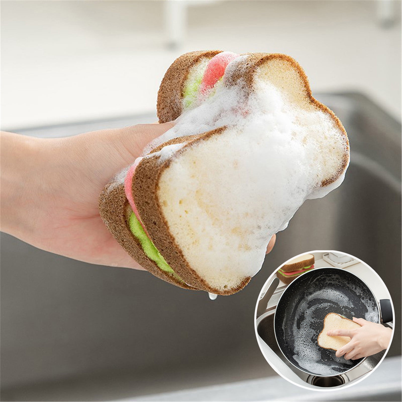 Dvkptbk Dishwashing Sponge Decontamination Dishwashing Sponge Bread Sandwich Shaped Sponge Adorable Deep Cleaning Thickened Scrub Kitchen Sponge Dishwashing Brush for Cleaning Kitchen