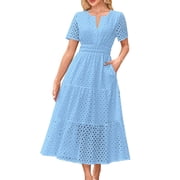 Annhoo Womens Cotton Summer Dresses V Neck Short Sleeve Hollow out Elastic Waisted Casual Travel Long Sundresses