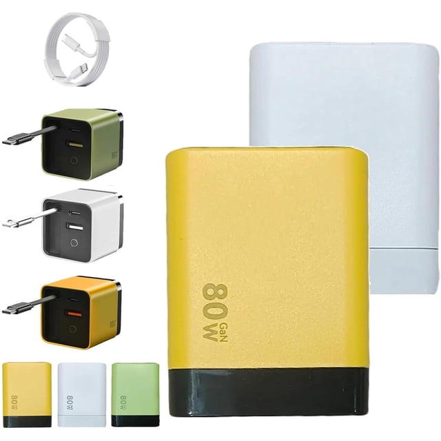 Chargeur GaN 3 en 1, Module de Charge Rapide Max 80 W Extensible avec Câble Type‐C et 2 Ports USB, Chargeurs de Téléphone Rétractables Prise Murale, Charge Rapide à Trois Ports, pour Téléphone et Ordinateurs Portables (Blanc+jaune)