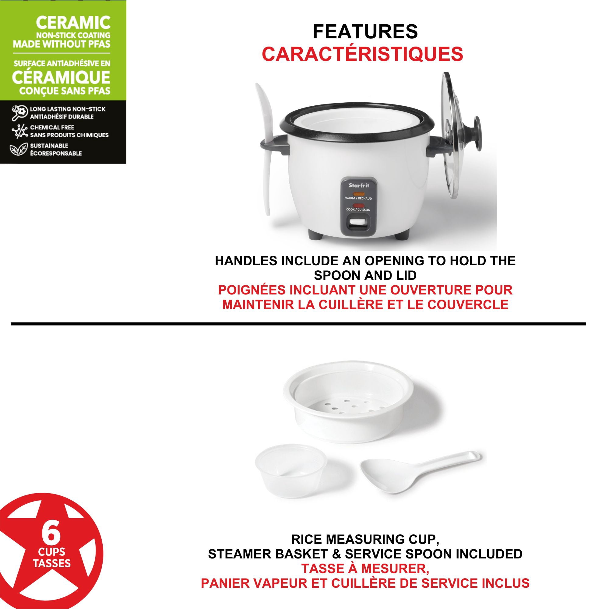 Starfrit Cuiseur à riz 6 tasses, Revêtement Céramique Antiadhésif sans PFAS, Fonctions Cuisson et Réchaud, Panier Vapeur, Couvercle inclus, 300W, Facile à nettoyer