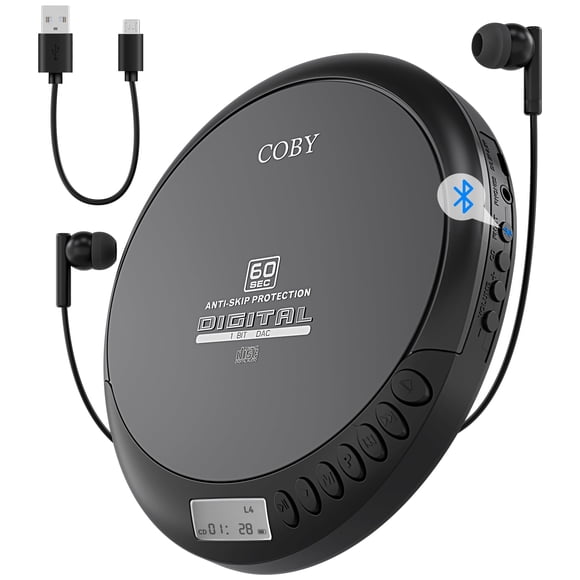 Coby Lecteur CD Portable Bluetooth avec Radio FM et Écouteurs, Disque Rechargeable Anti-Saut avec Lecture MP3, Entrée AUX, Super Basses, Rétro Compact
